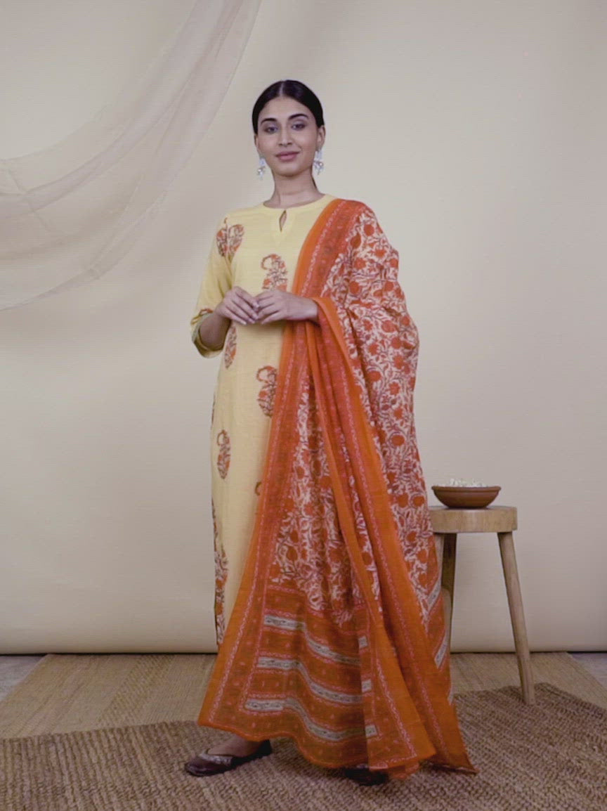  Yellow Printed Cotton Straight Kurta With Palazzos & Dupatta 