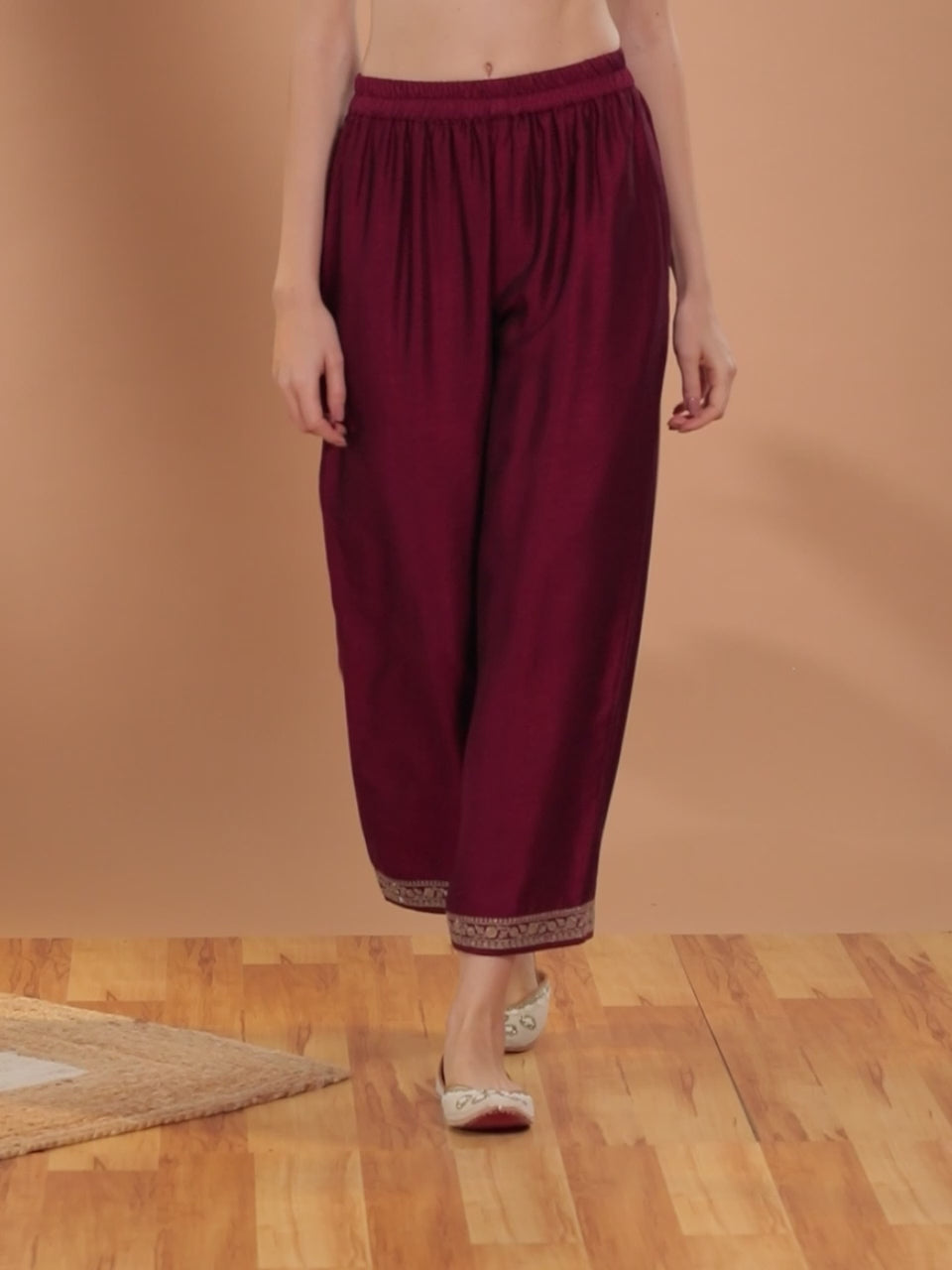  Maroon Solid Silk Palazzos 