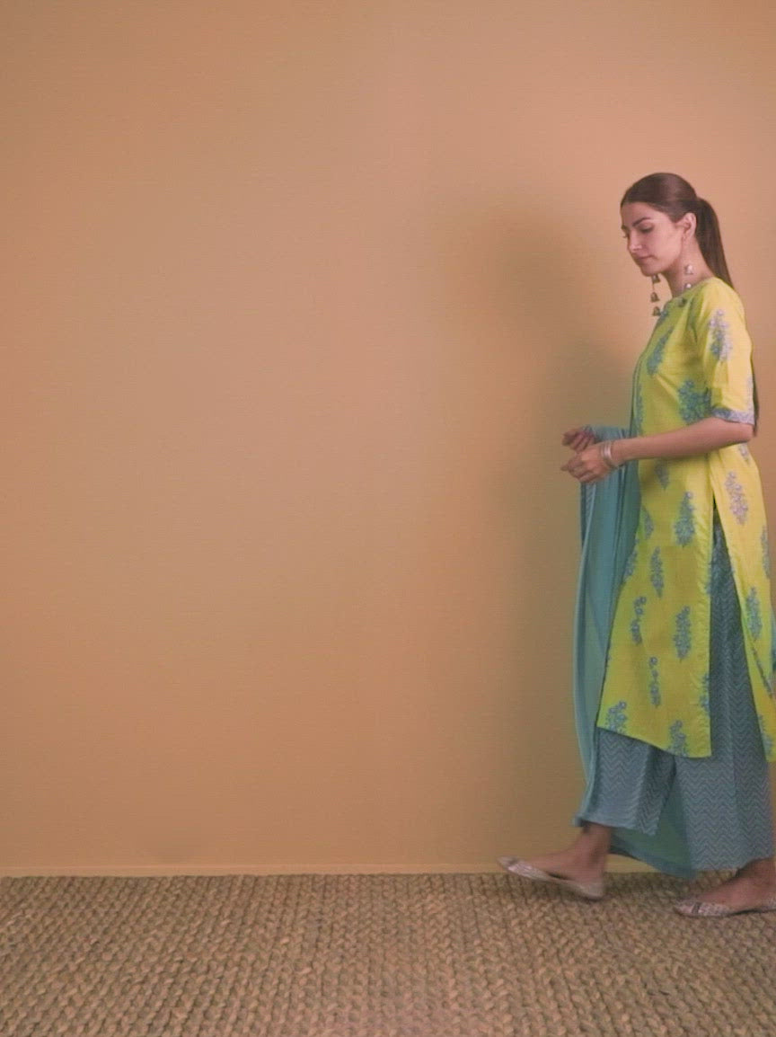  Lime Green Printed Cotton Straight Kurta With Palazzos & Dupatta 