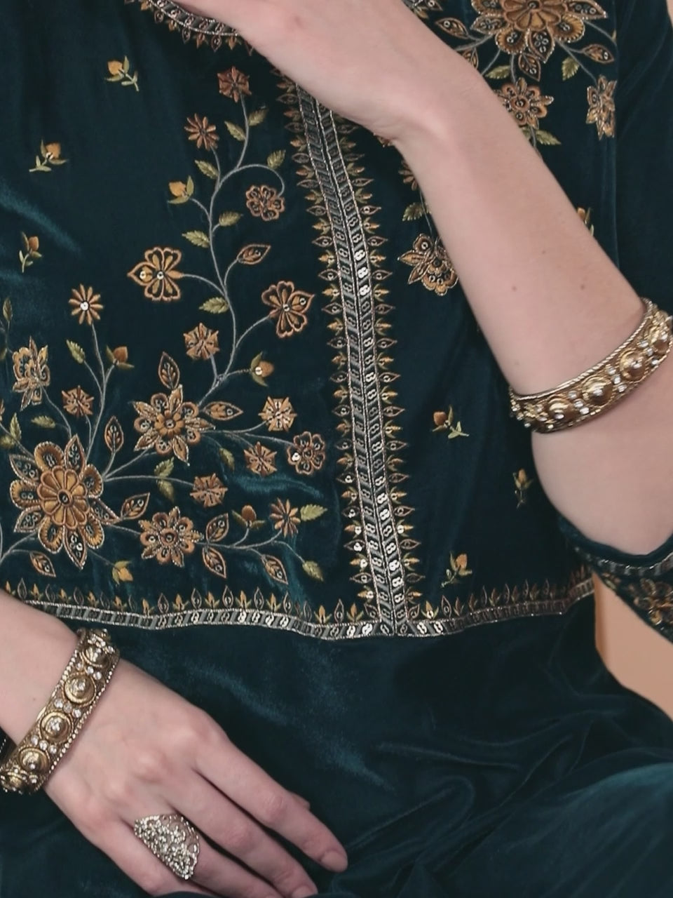  Teal Yoke Design Velvet Anarkali Kurta With Churidar & Dupatta 