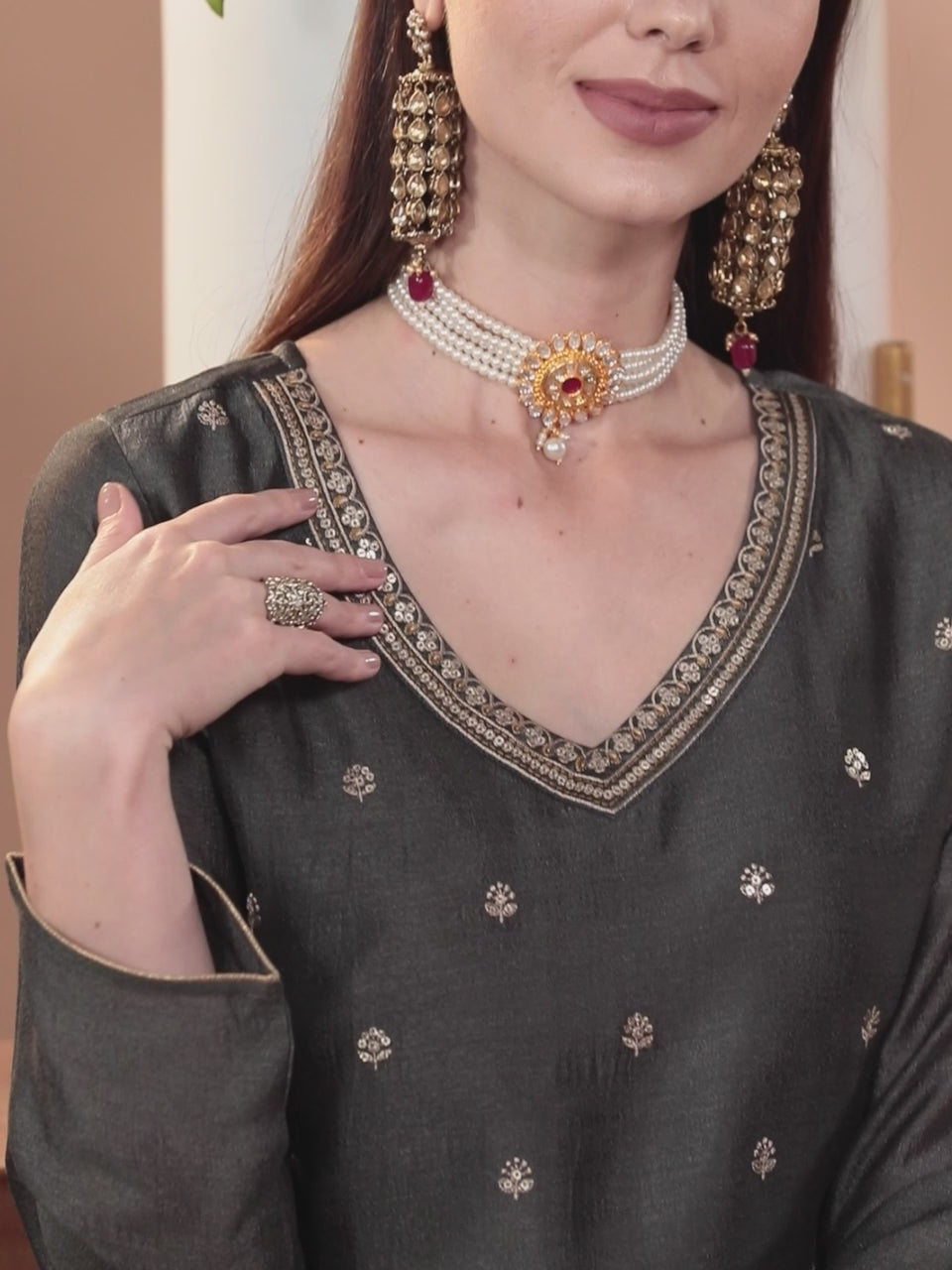  Grey Embroidered Silk Straight Kurta 