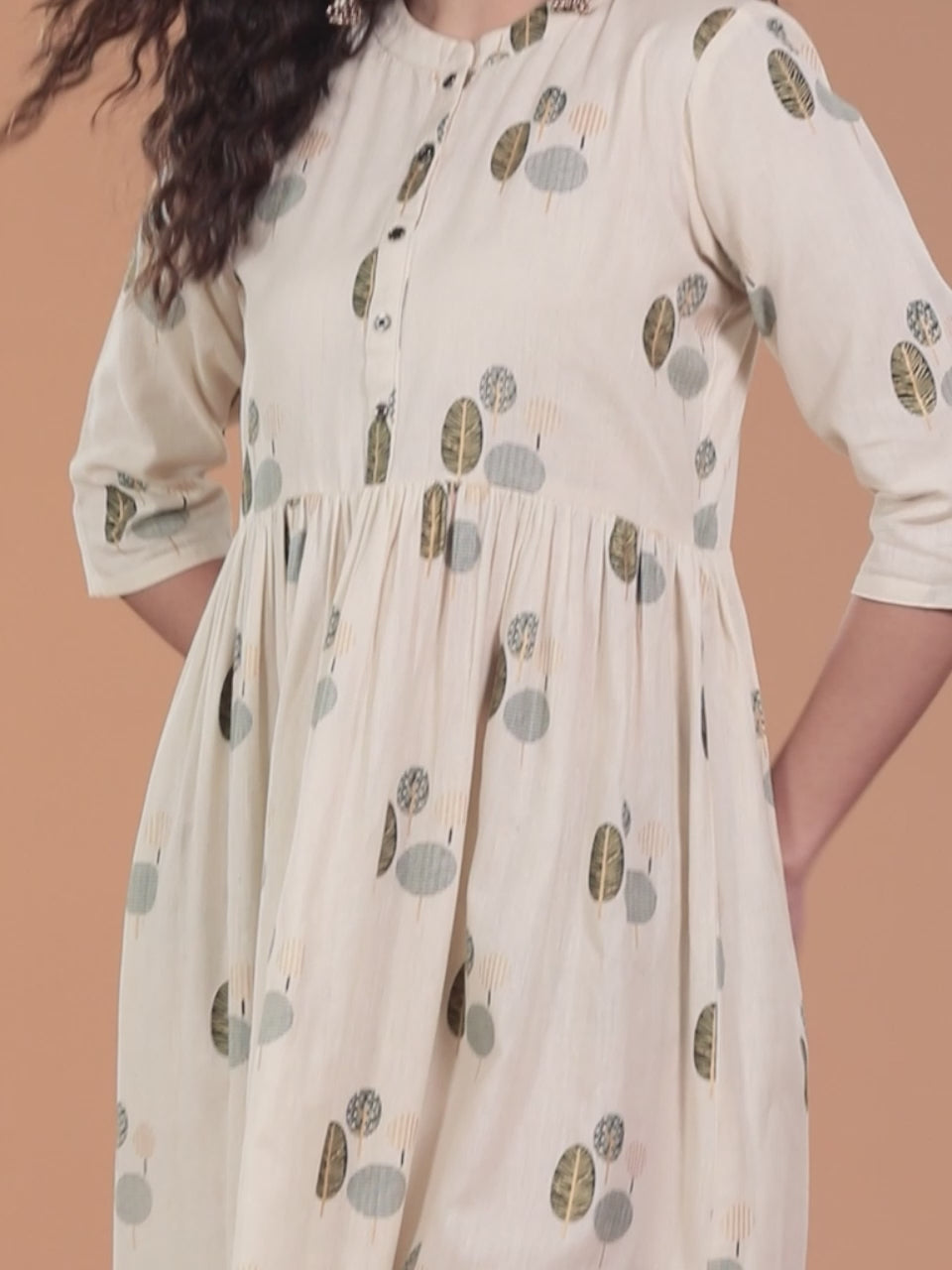  Off White Printed Cotton Fit and Flare Dress 