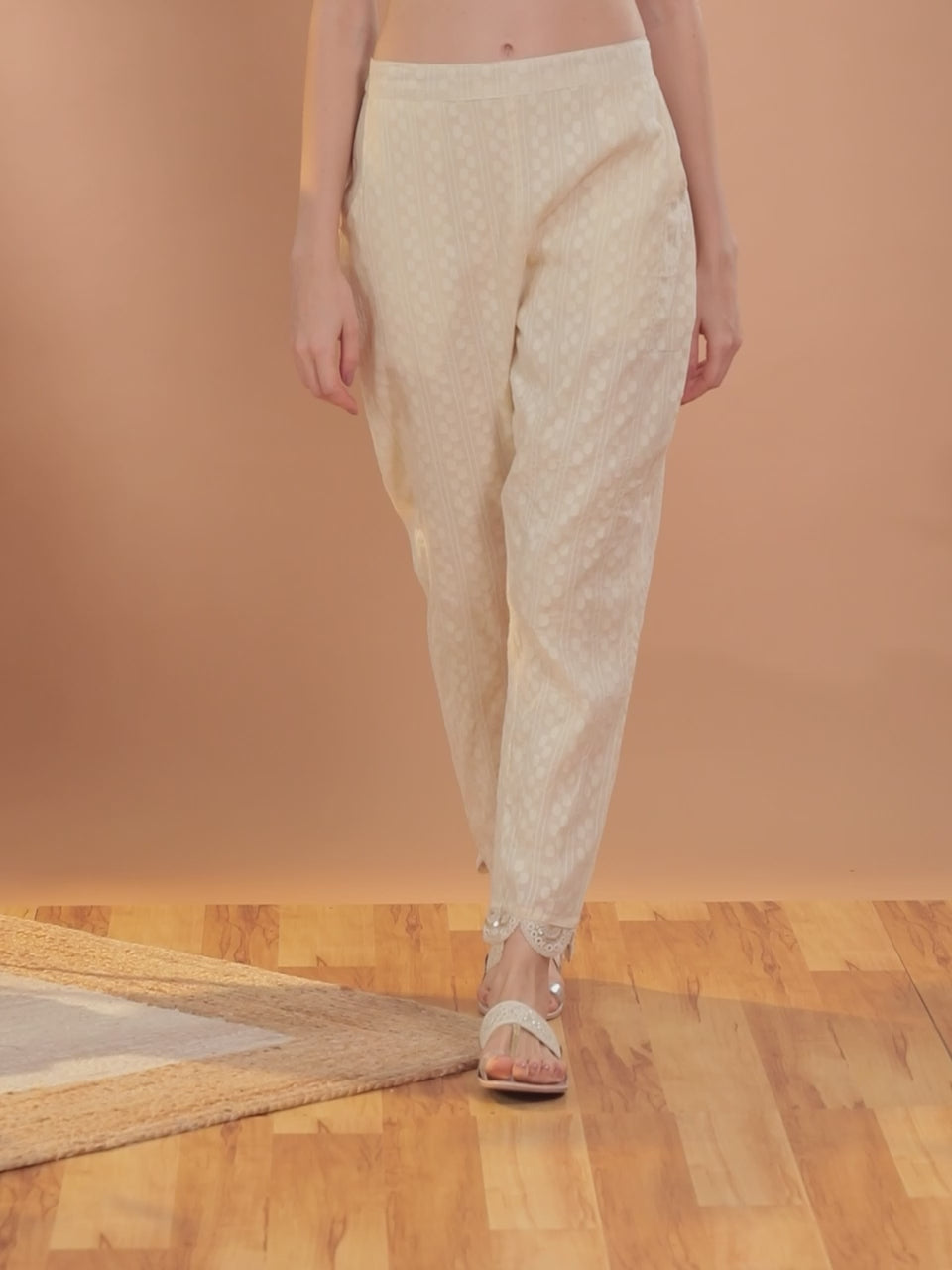 Cream Self Design Cotton Trousers