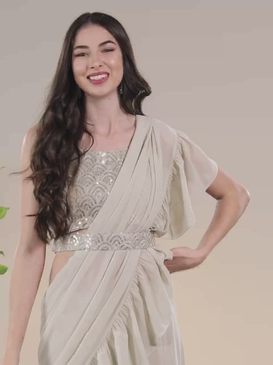  Beige Embellished Georgette Ready to Wear Saree 