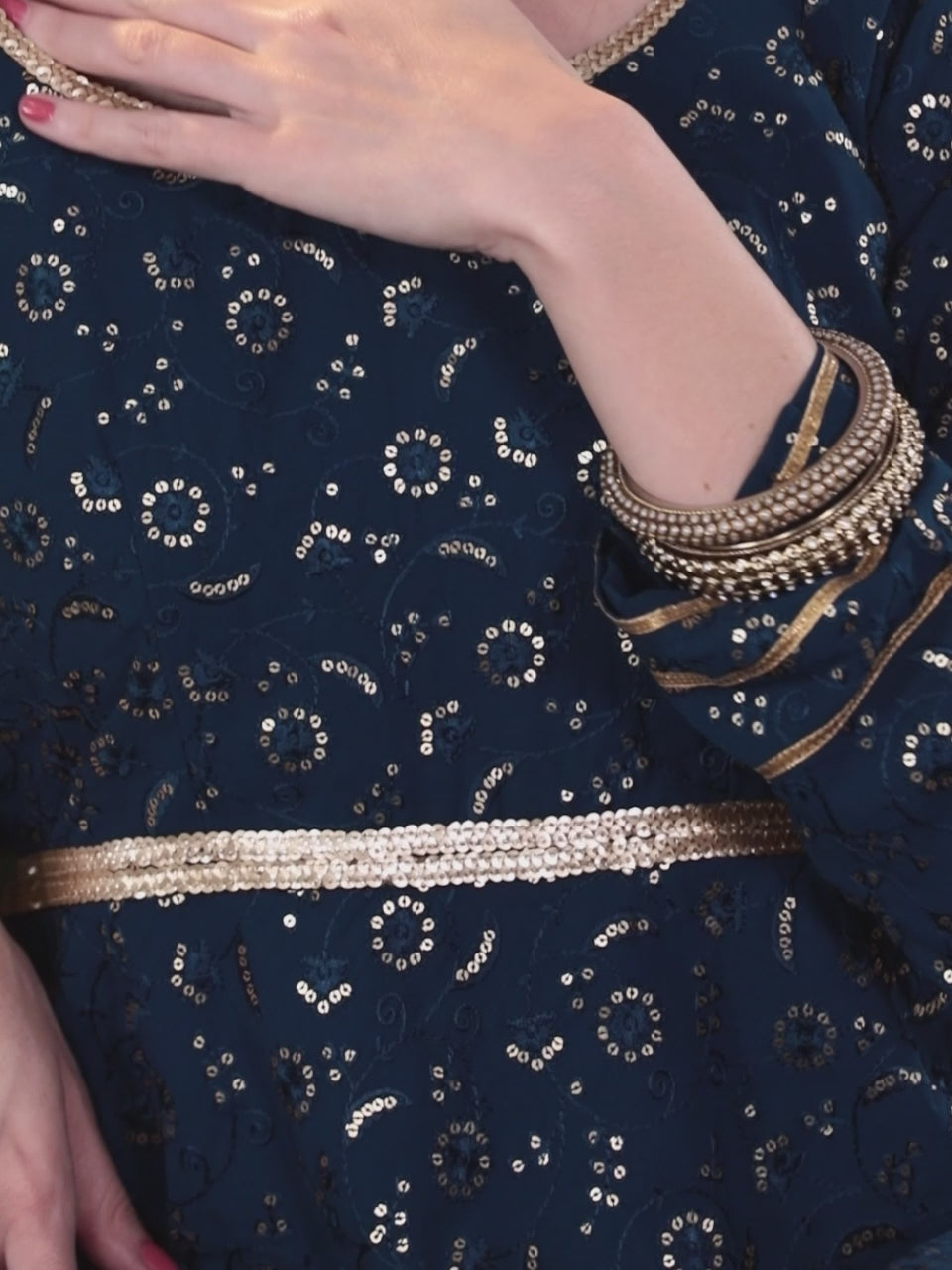  Blue Embroidered Georgette Anarkali Kurta With Churidar & Dupatta 