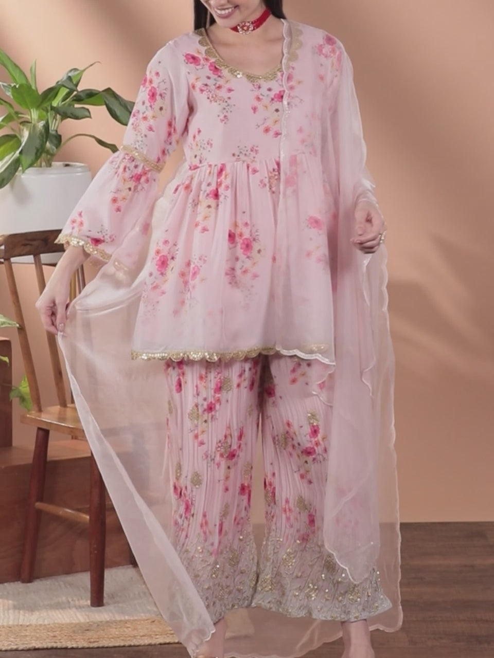  Pink Printed Satin Anarkali Sharara Suit Set With Dupatta 