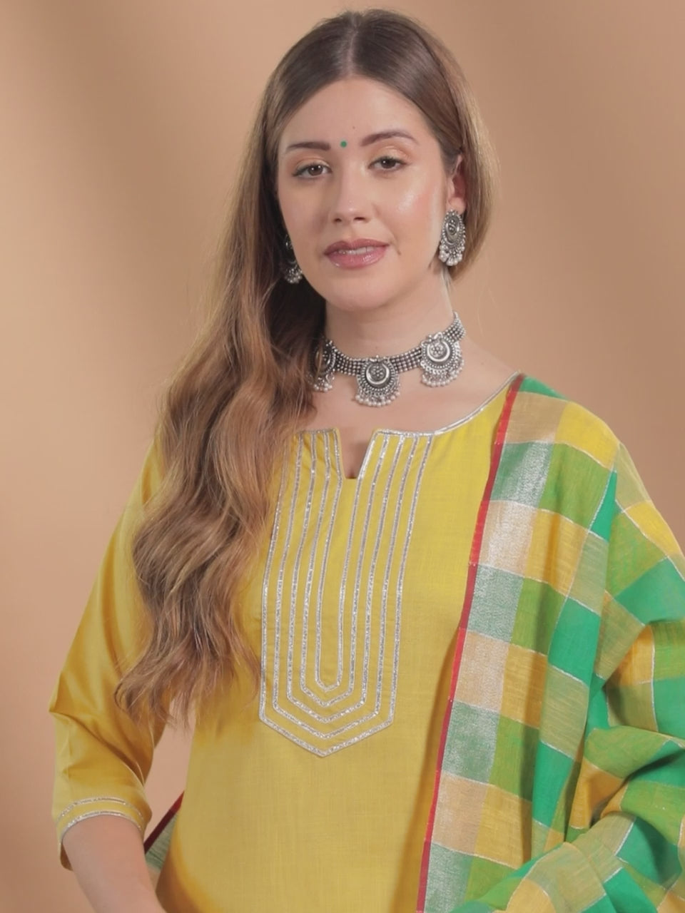 Yellow Solid Cotton Straight Kurta With Palazzos & Dupatta