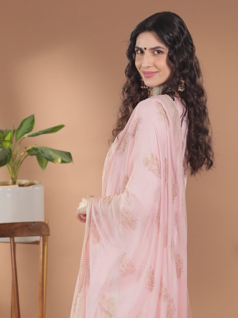  Pink Printed Rayon Straight Kurta With Palazzos & Dupatta 