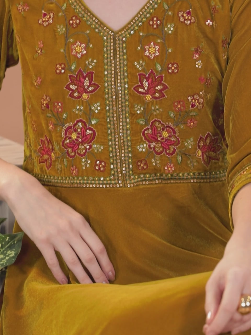  Mustard Yoke Design Velvet Anarkali Kurta With Churidar & Dupatta 