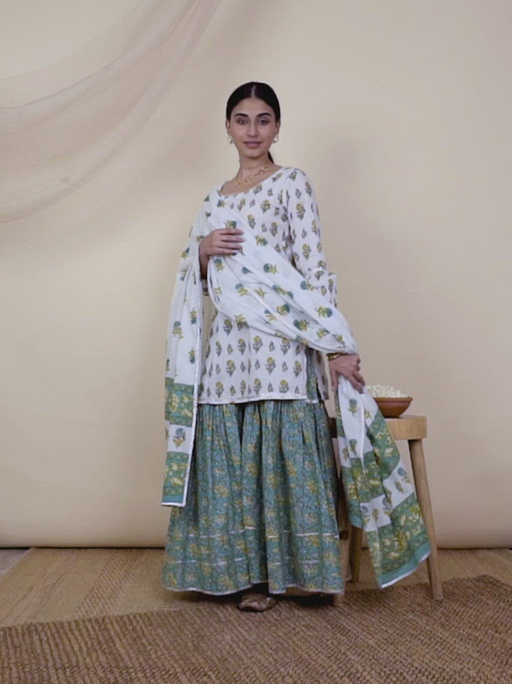 White Printed Cotton Straight Kurta With Sharara & Dupatta