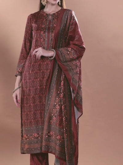 Red Printed Velvet Straight Kurta With Dupatta
