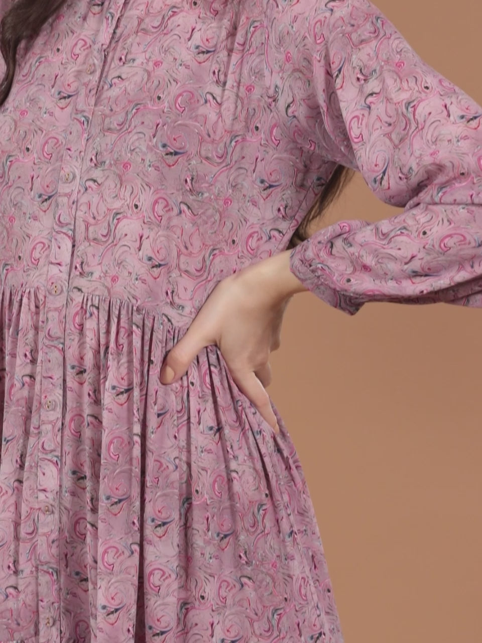  Mauve Printed Georgette Fit and Flared Dress 