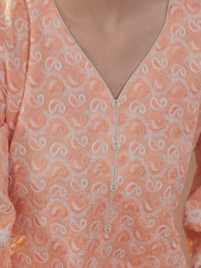 Orange Embroidered Cotton Kurta