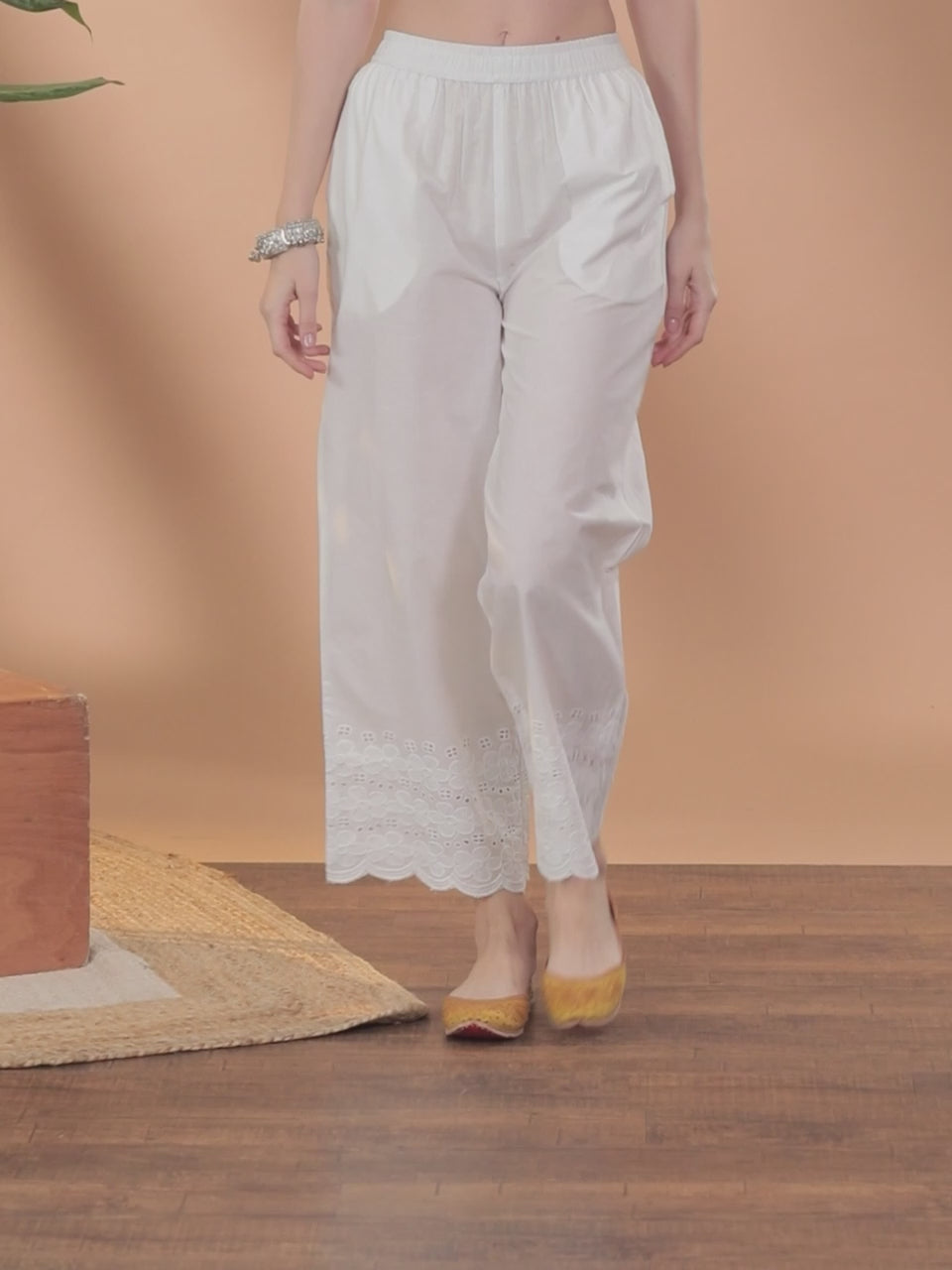  Off White Solid Cotton Palazzos 