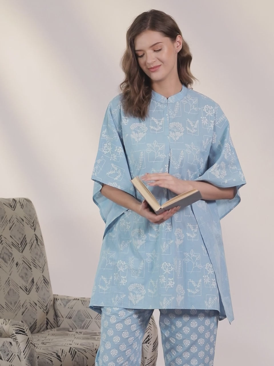  Blue Printed Cotton Night Suit 