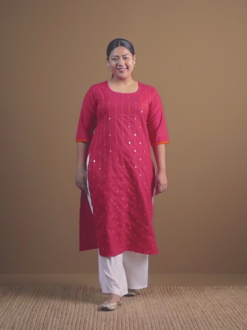  Plus Size Pink Mirror Work Cotton Kurta 