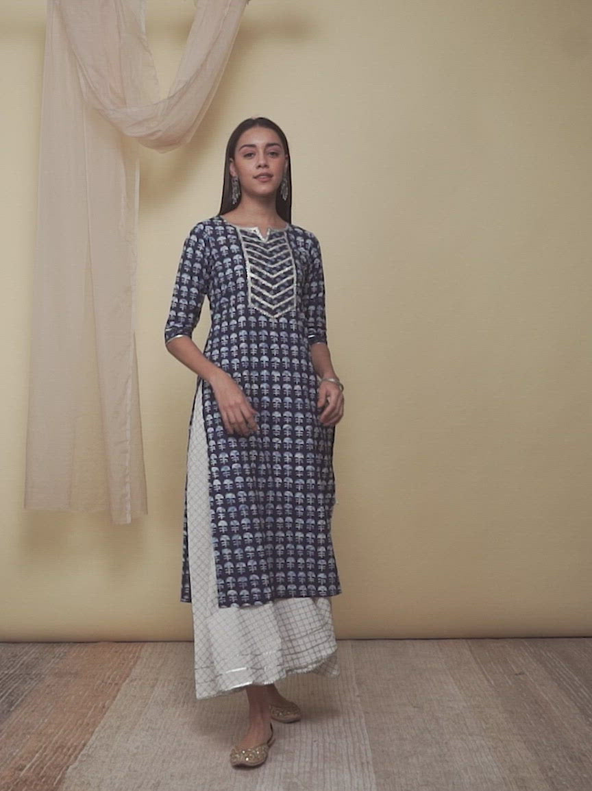  Indigo Printed Cotton Kurta 
