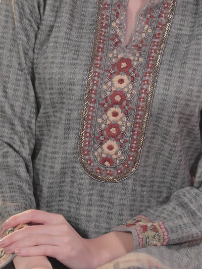 Grey Embroidered Wool Straight Kurta With Trousers & Dupatta