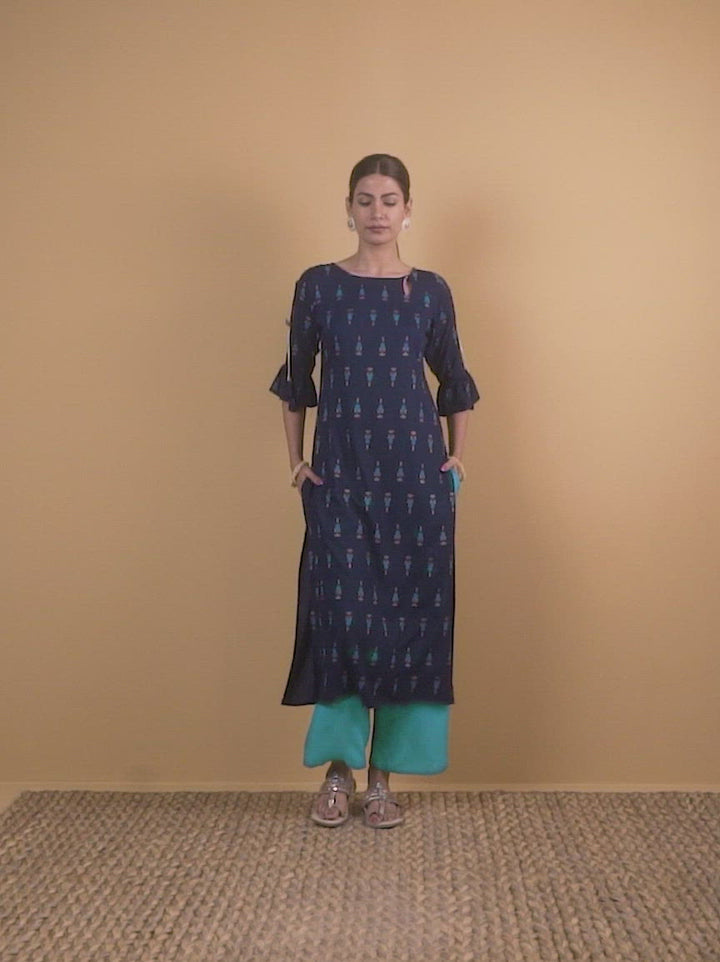 Navy Blue Printed Rayon Straight Kurta