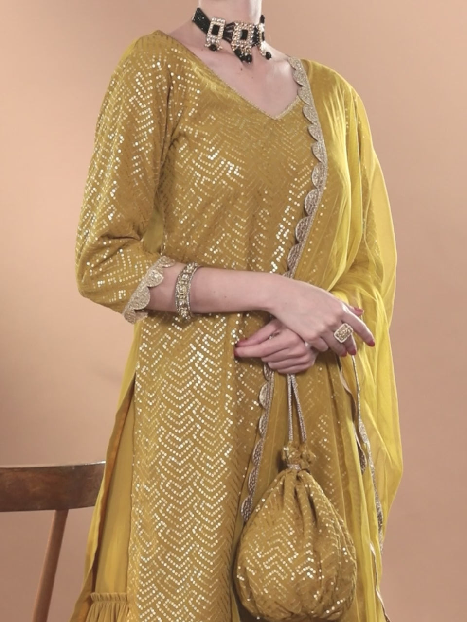 Mustard Sequinned Georgette Straight Sharara Suit Set With Dupatta