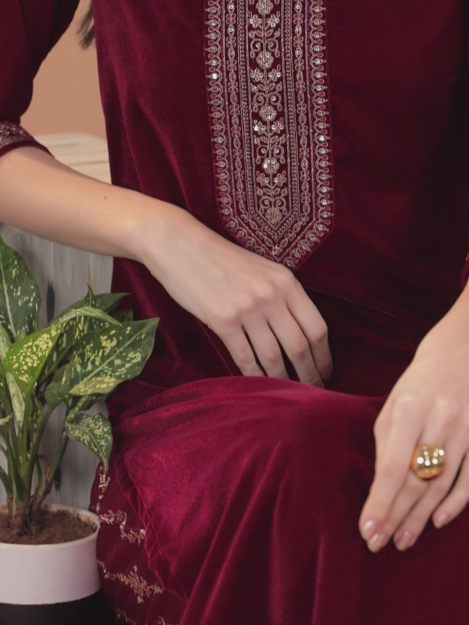  Maroon Yoke Design Velvet Straight Kurta With Dupatta 