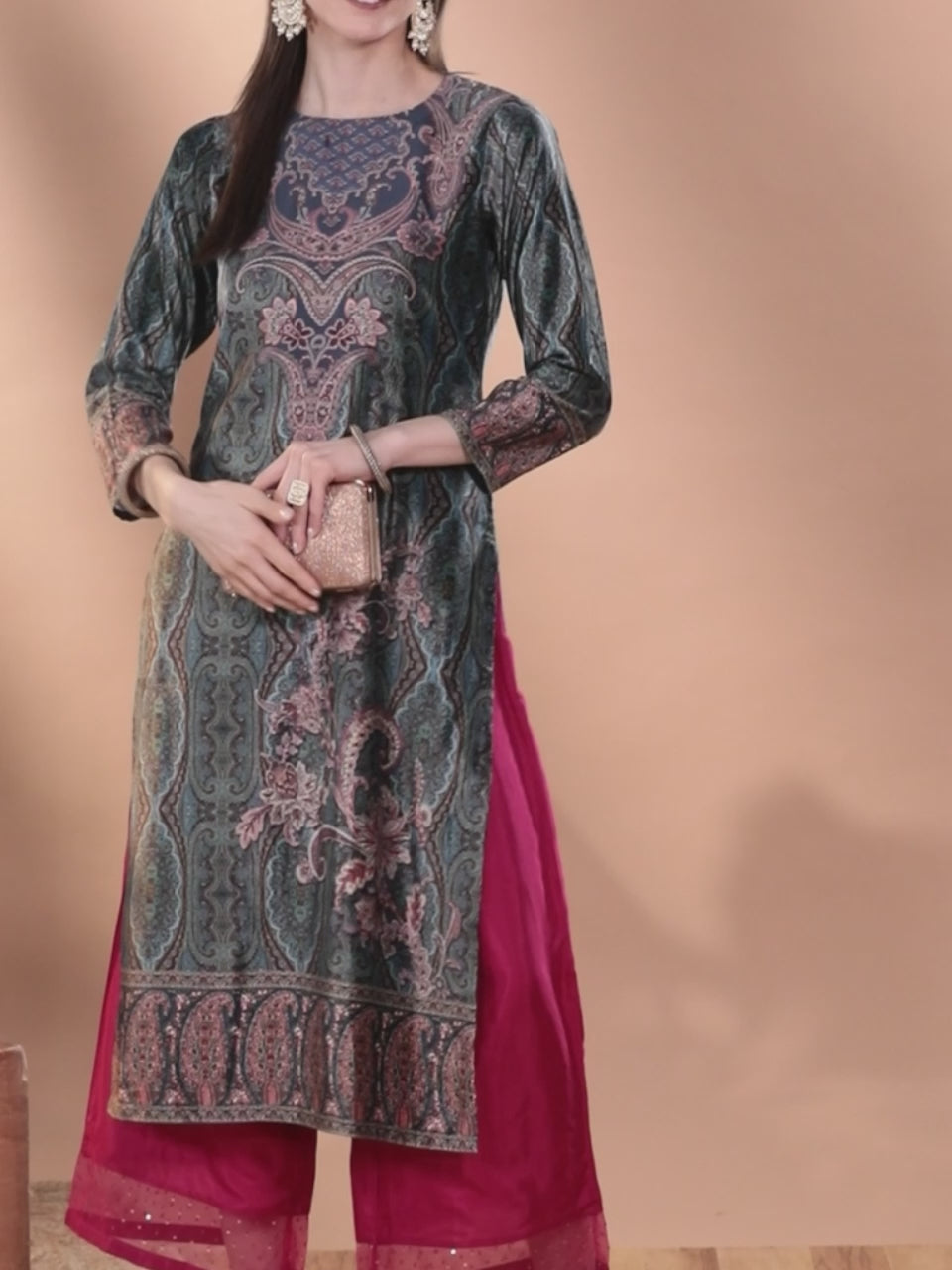  Multicoloured Printed Velvet Straight Kurta 