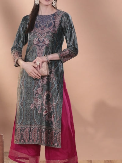 Multicoloured Printed Velvet Straight Kurta