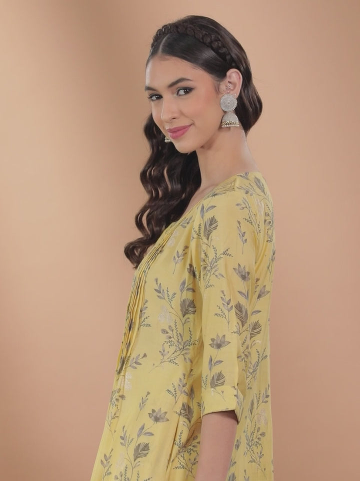 Yellow Printed Chanderi Silk Kurta