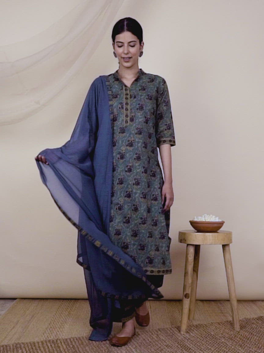 Green Printed Cotton Straight Kurta With Salwar & Dupatta