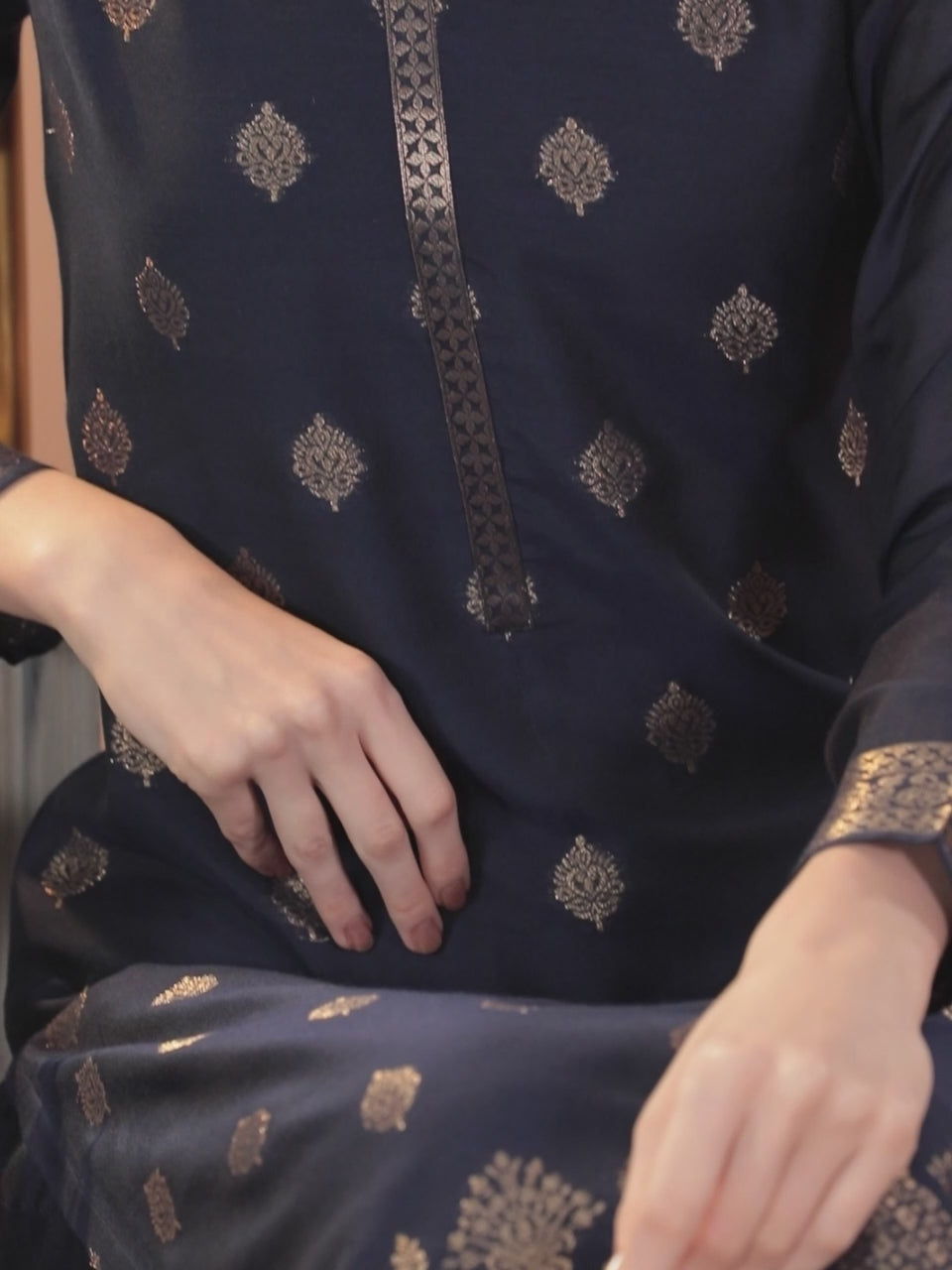  Navy Blue Self Design Silk Blend Straight Kurta With Dupatta 