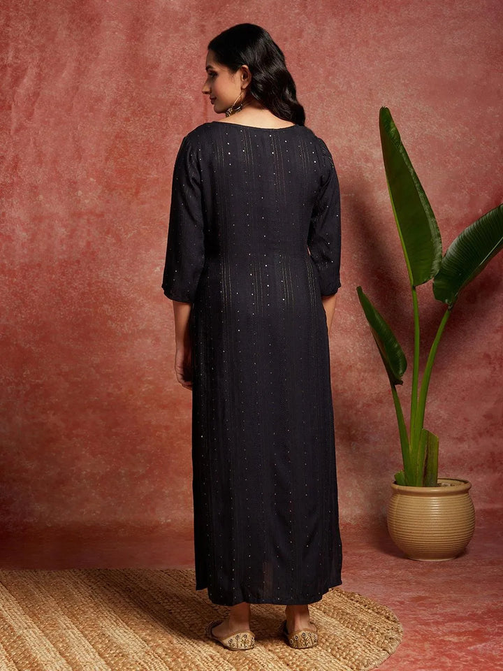 Charcoal Grey Woven Design Rayon Straight Kurta - Libas