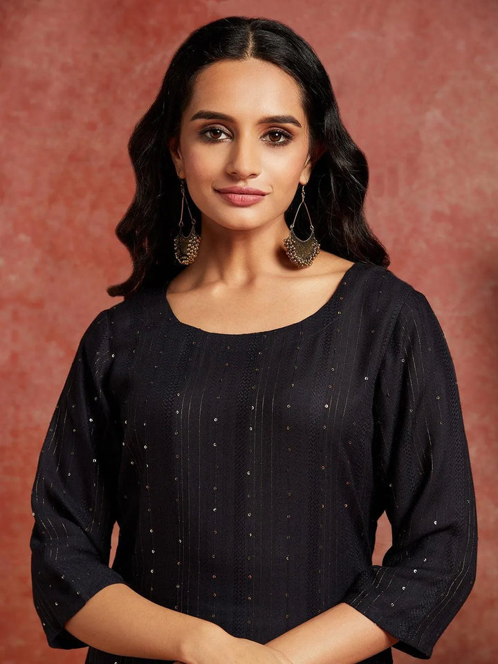 Charcoal Grey Woven Design Rayon Straight Kurta - Libas