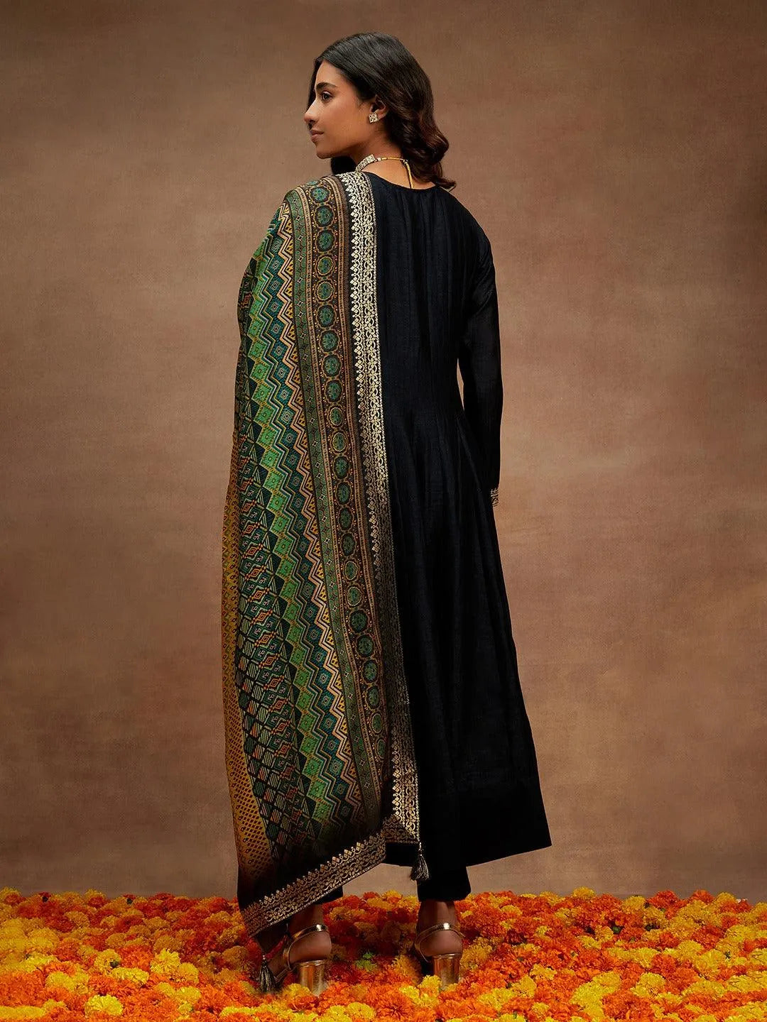 Charcoal Grey Yoke Design Silk Blend Anarkali Kurta With Trousers & Dupatta - Libas 