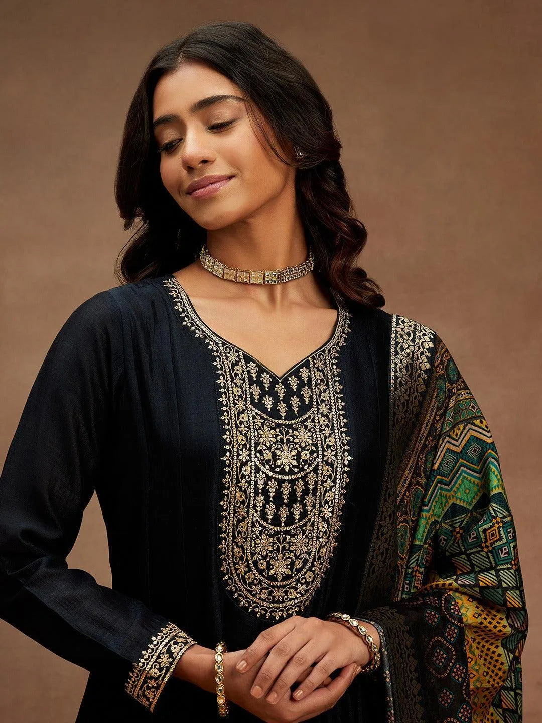 Charcoal Grey Yoke Design Silk Blend Anarkali Kurta With Trousers & Dupatta - Libas 