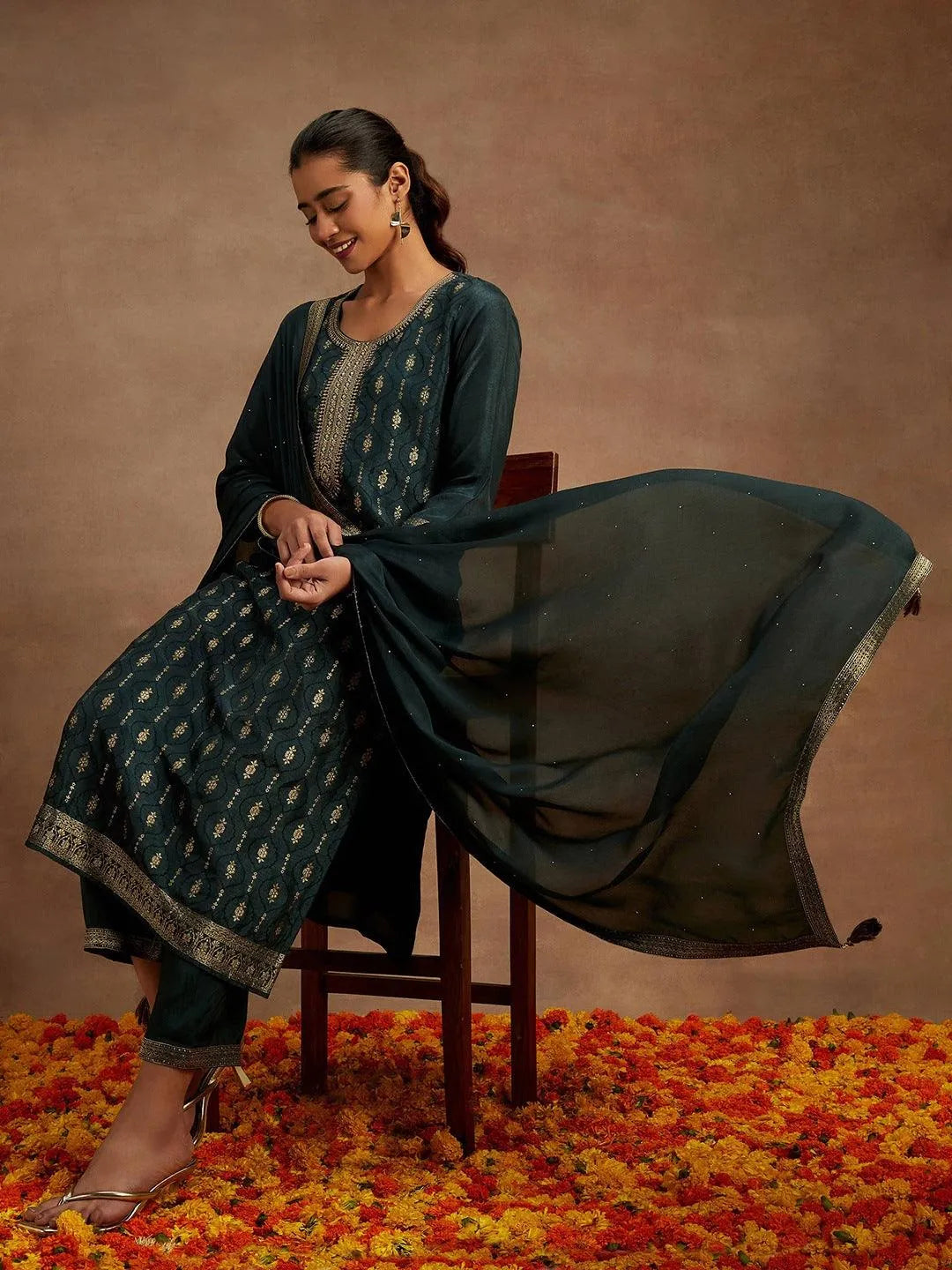 Charcoal Printed Silk Blend Straight Kurta With Trousers & Dupatta - Libas