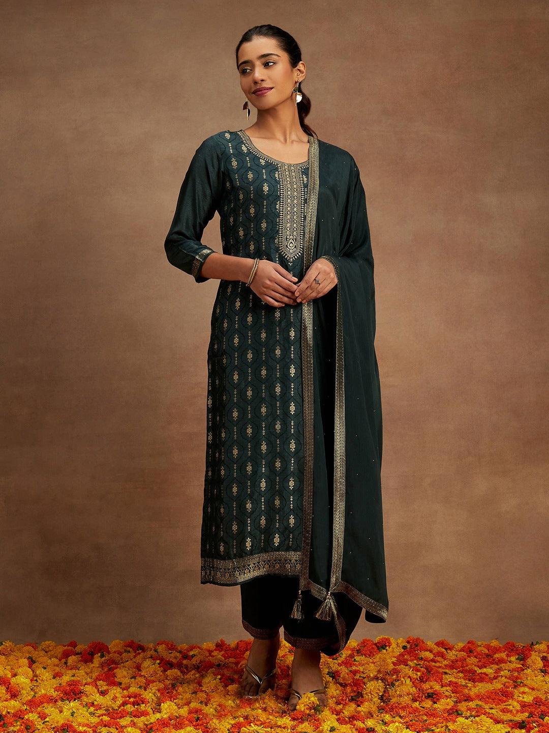 Charcoal Printed Silk Blend Straight Suit With Dupatta