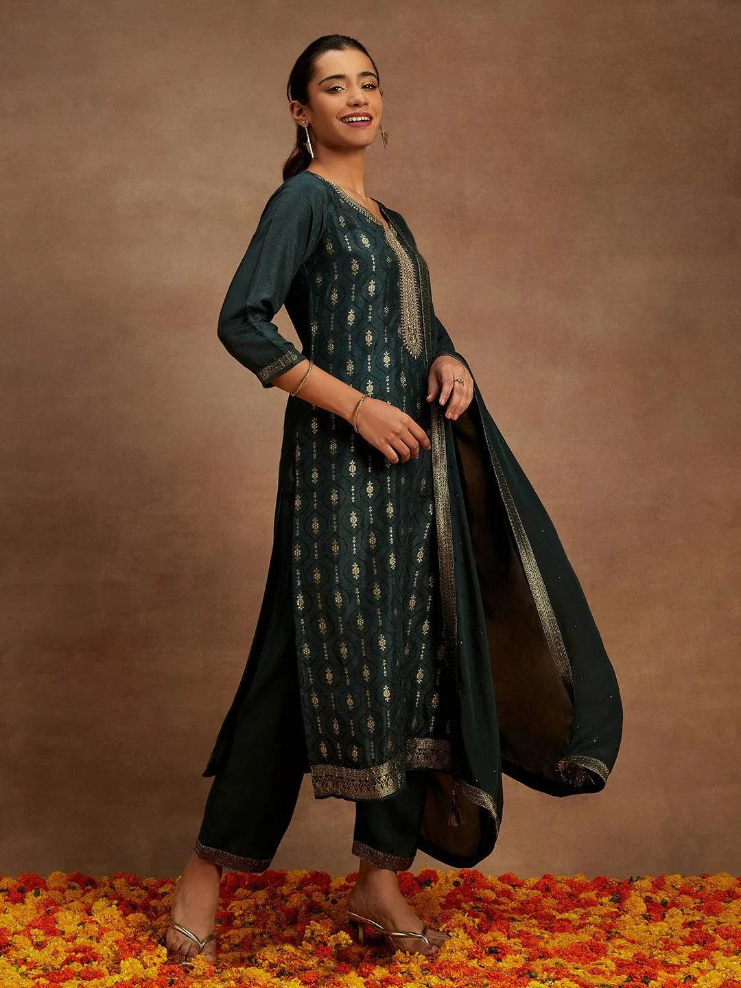 Charcoal Printed Silk Blend Straight Kurta With Trousers & Dupatta - Libas 