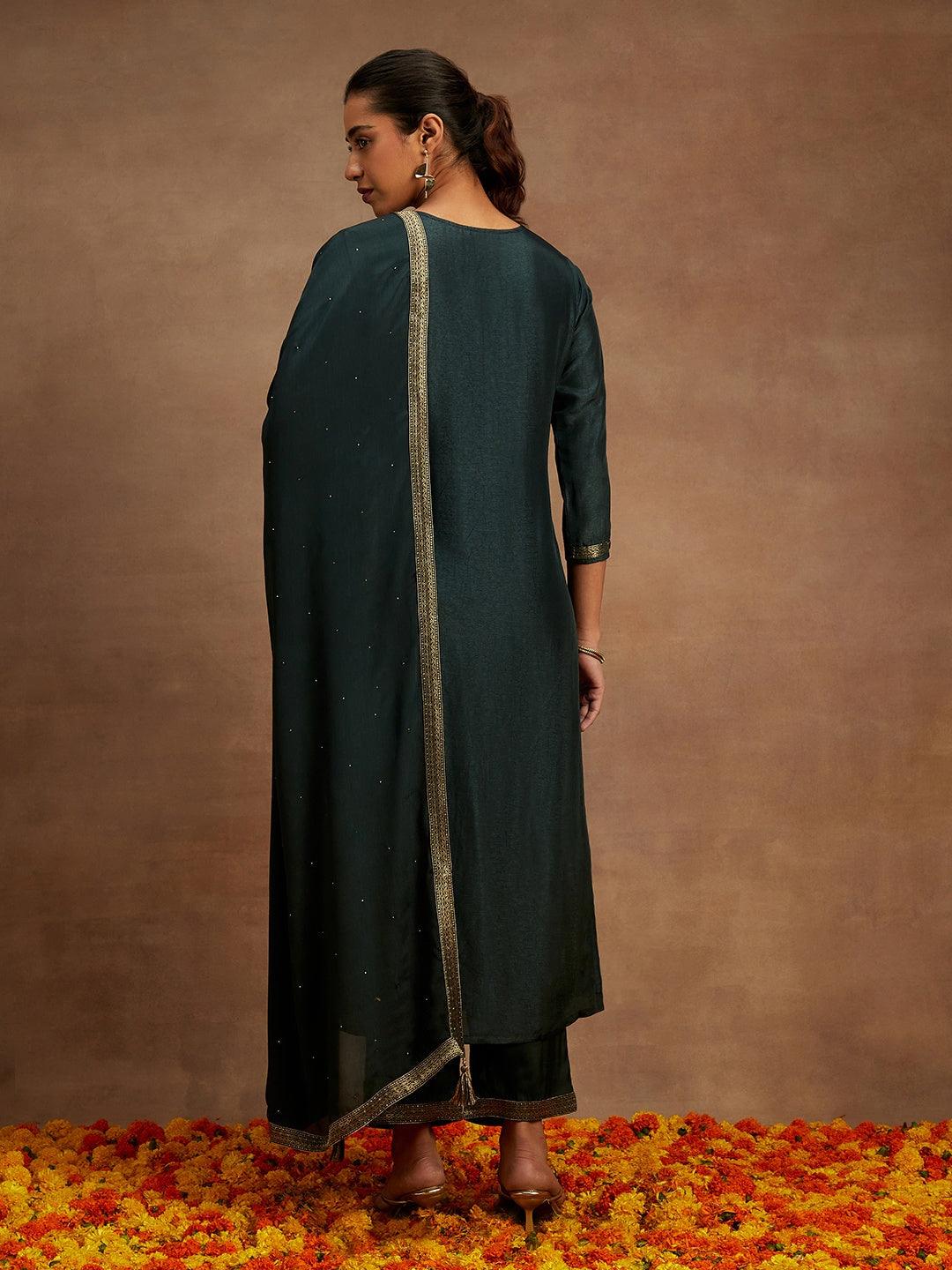 Charcoal Printed Silk Blend Straight Suit With Dupatta