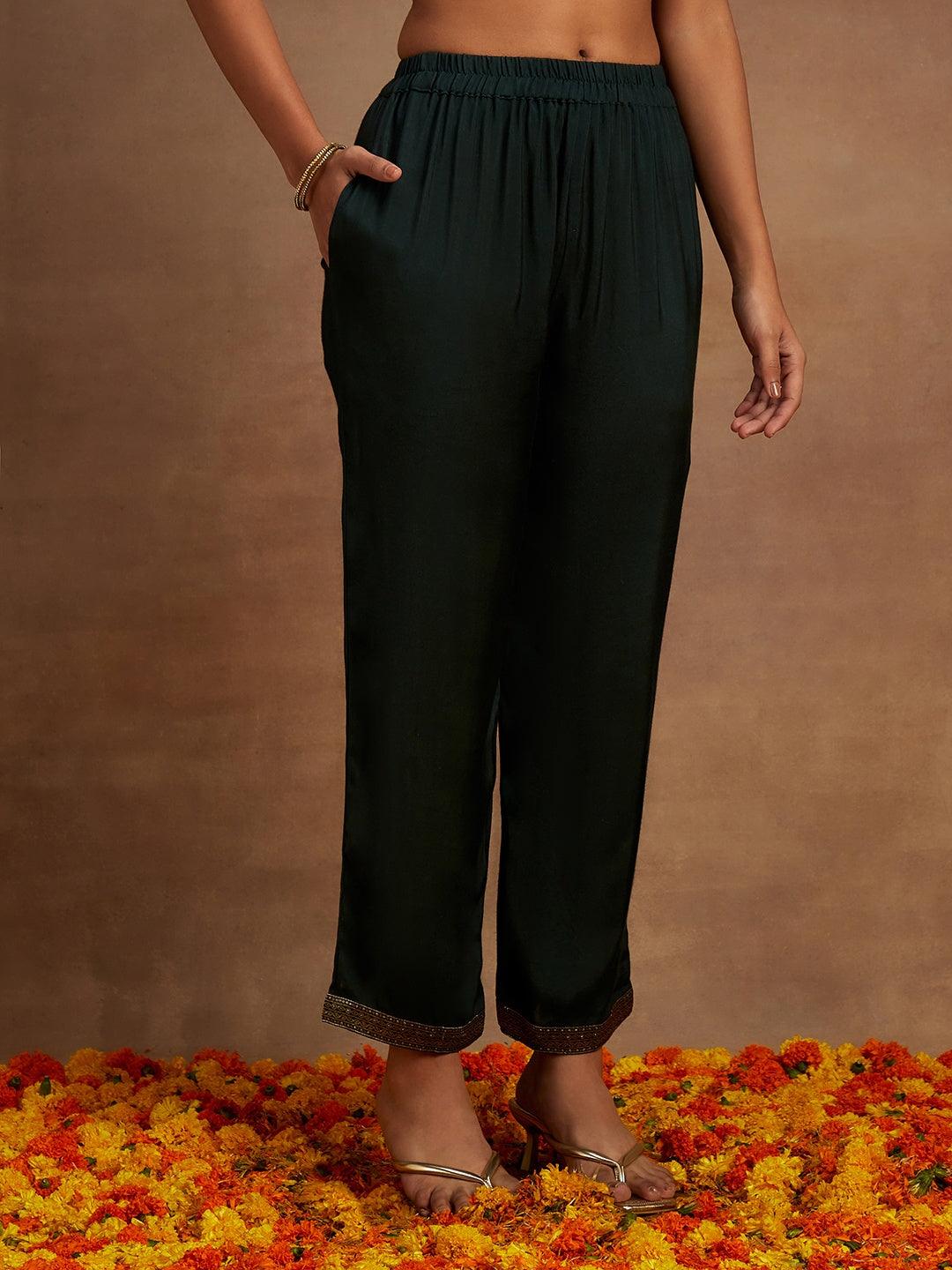 Charcoal Printed Silk Blend Straight Kurta With Trousers & Dupatta - Libas