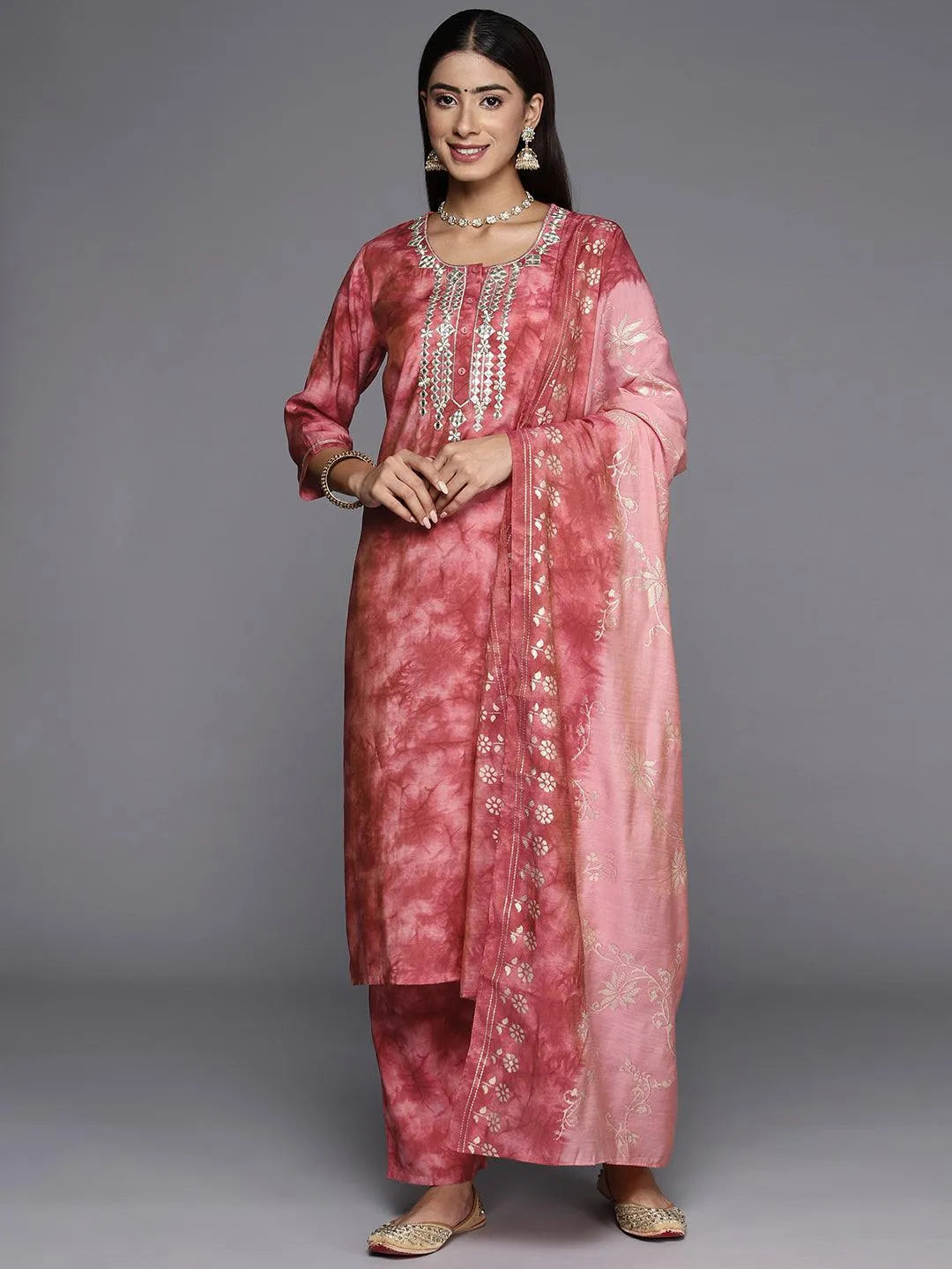 Coral Printed Silk Blend Straight Kurta With Trousers & Dupatta - Libas