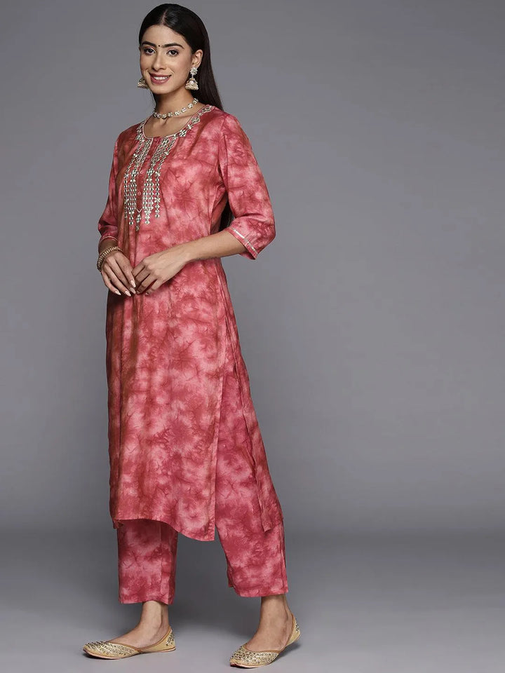 Coral Printed Silk Blend Straight Kurta With Trousers & Dupatta - Libas