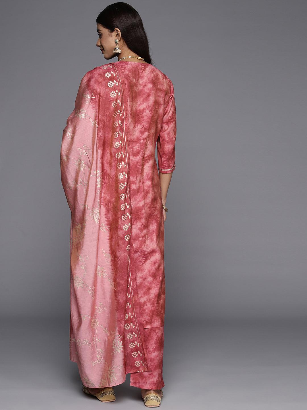 Coral Printed Silk Blend Straight Kurta With Trousers & Dupatta - Libas