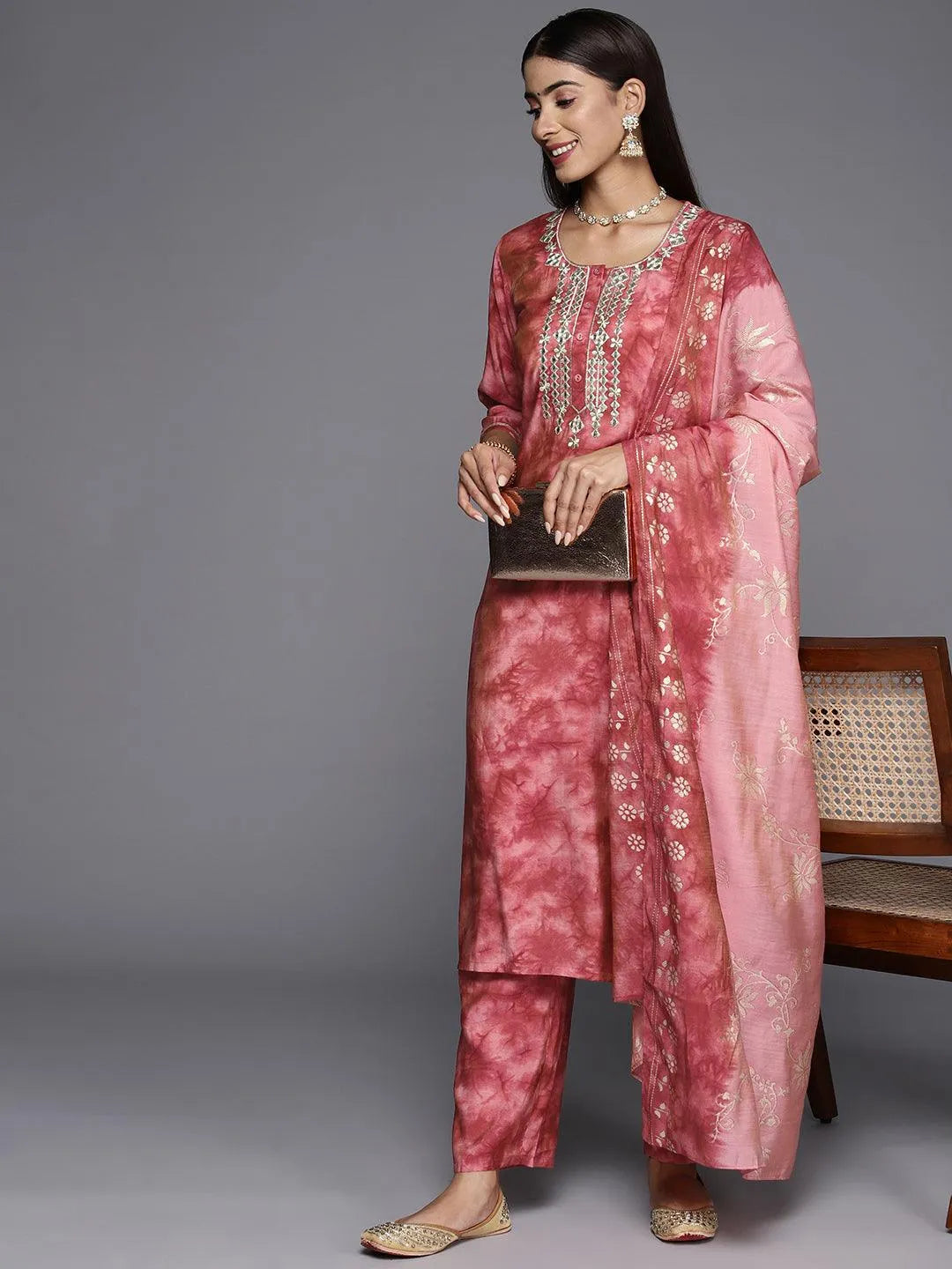Coral Printed Silk Blend Straight Kurta With Trousers & Dupatta - Libas 