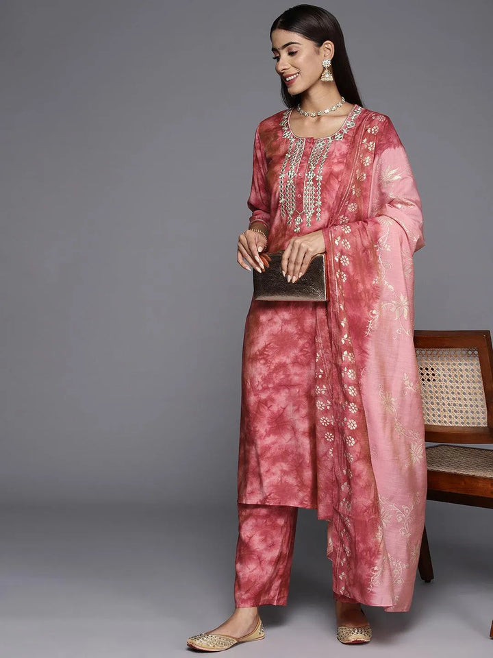 Coral Printed Silk Blend Straight Kurta With Trousers & Dupatta - Libas