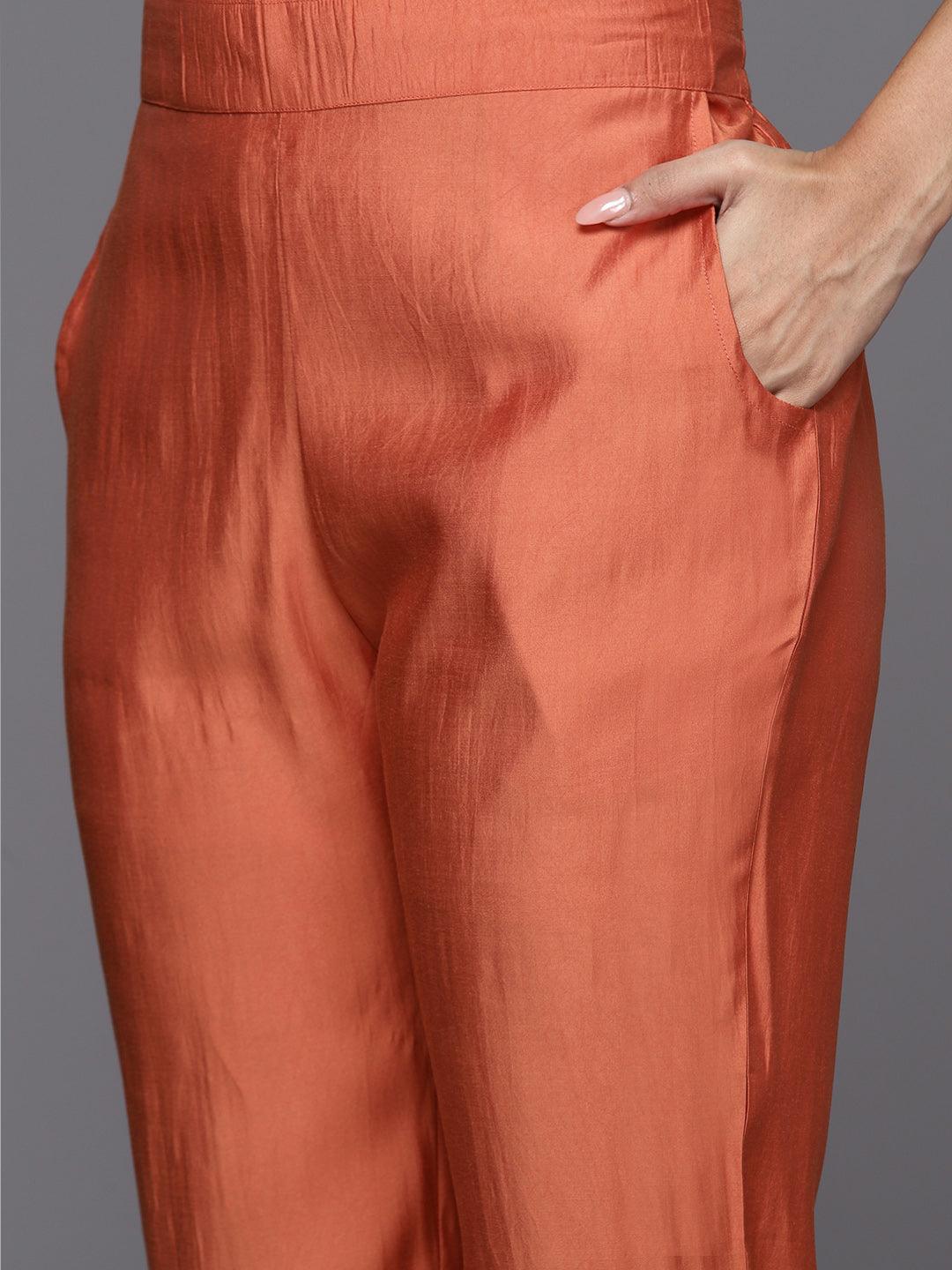 Coral Solid Silk Blend Straight Kurta With Trousers & Dupatta - Libas