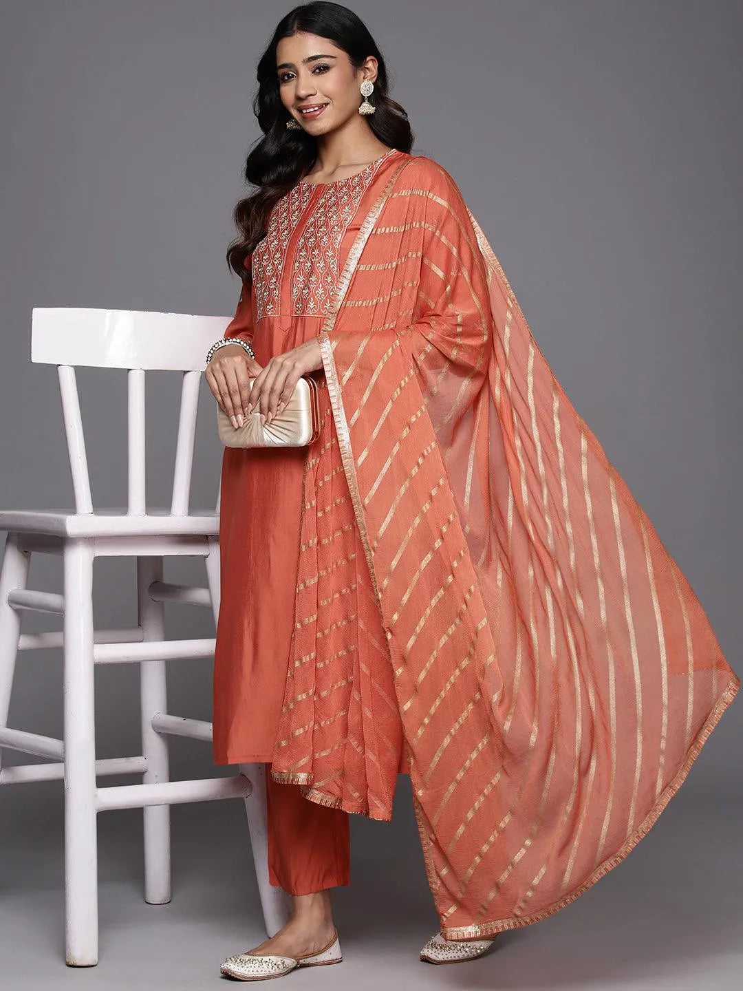 Coral Solid Silk Blend Straight Kurta With Trousers & Dupatta - Libas 