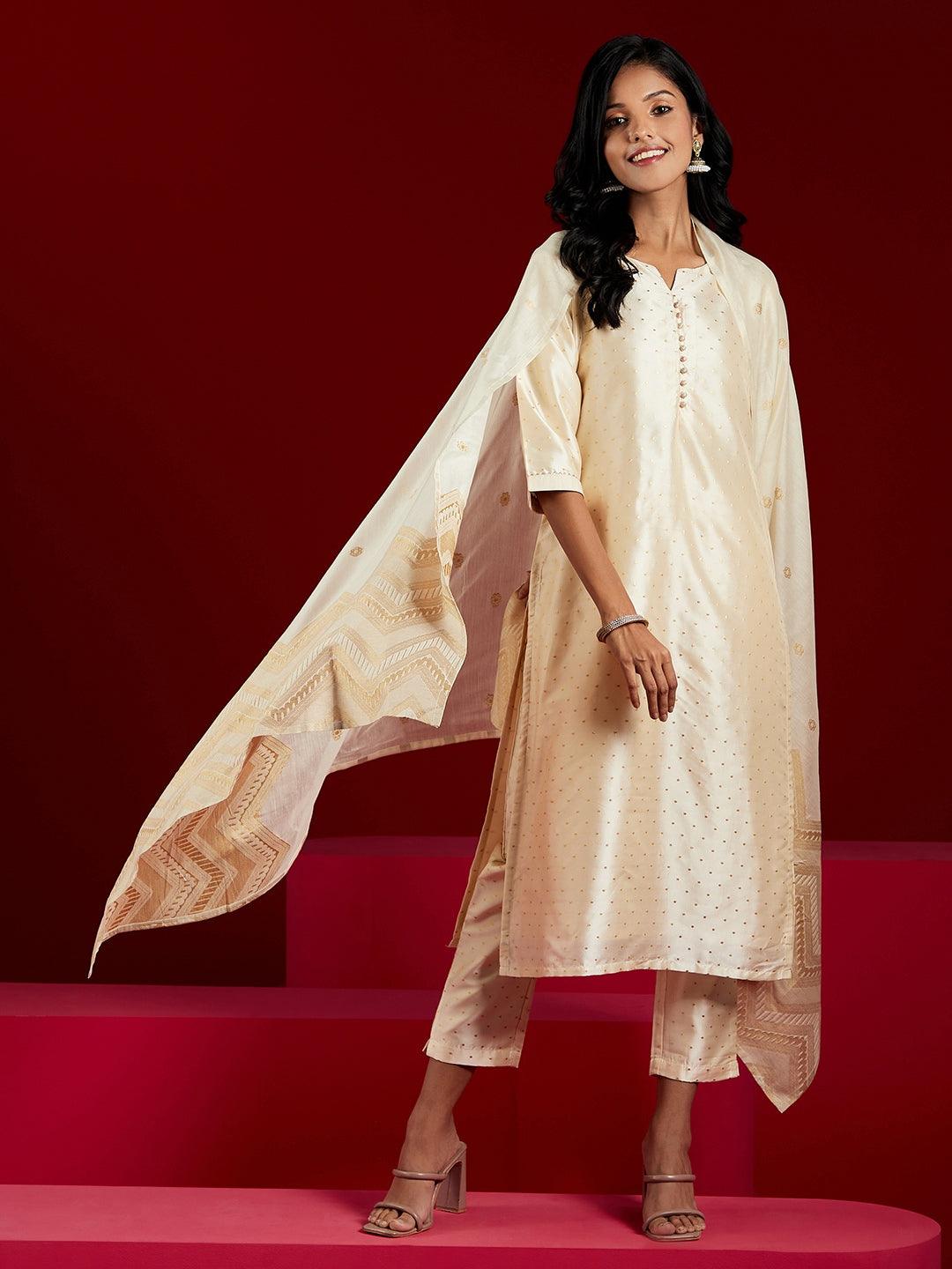 Cream Woven Design Art Silk Straight Suit With Dupatta