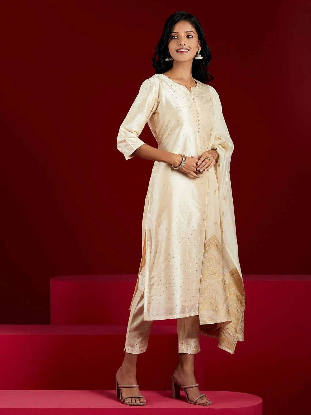 Cream Woven Design Straight Kurta With Trousers & Dupatta - Libas 