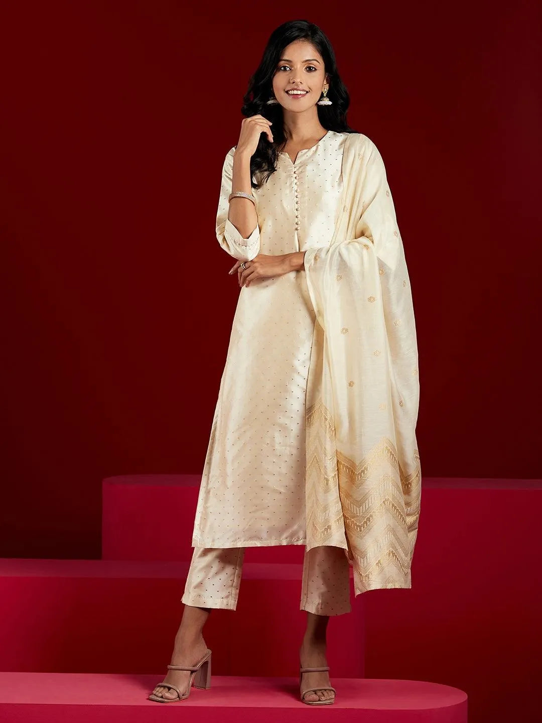 Cream Woven Design Straight Kurta With Trousers & Dupatta - Libas 