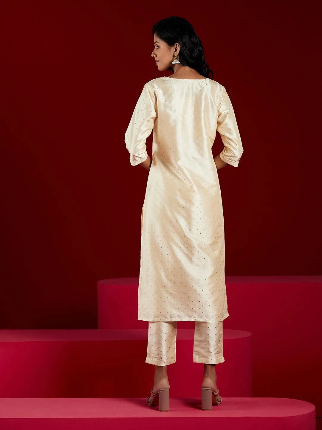 Cream Woven Design Straight Kurta With Trousers & Dupatta - Libas 